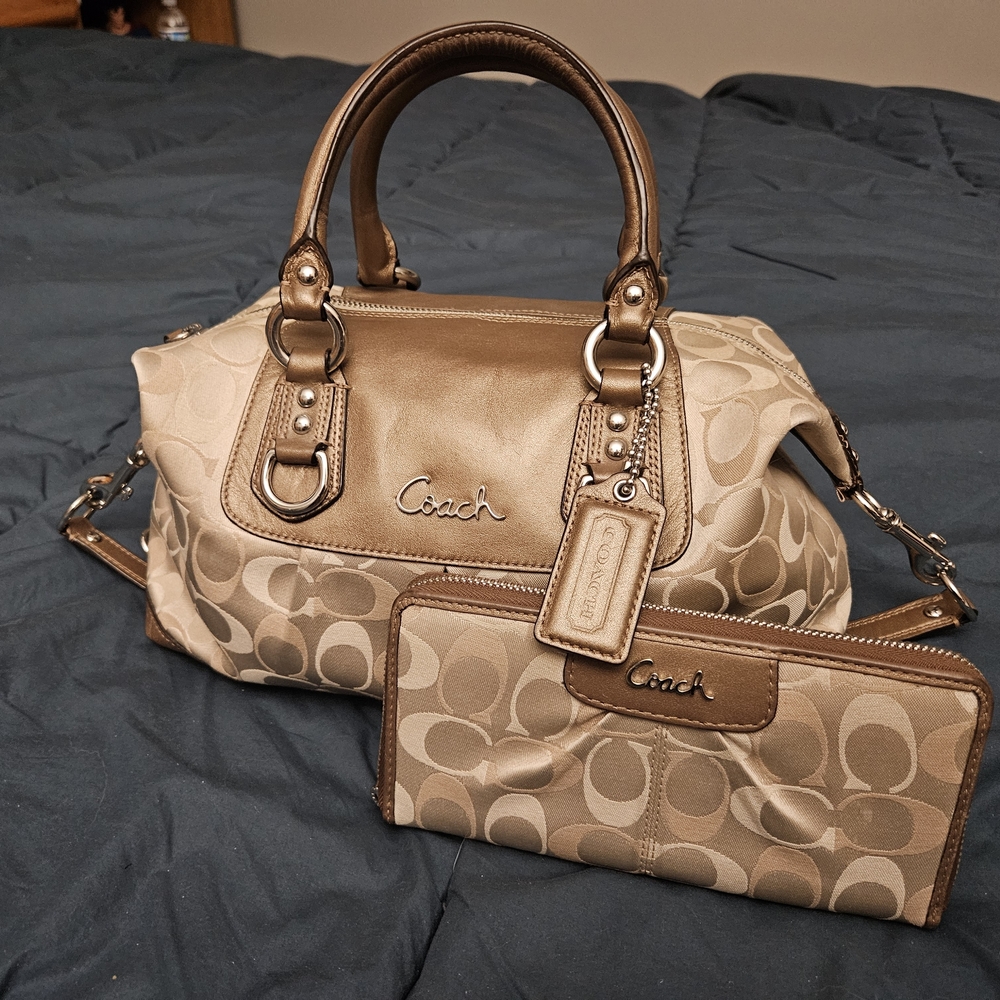 Coach Beige and Brown Signature Satchel and Wallet